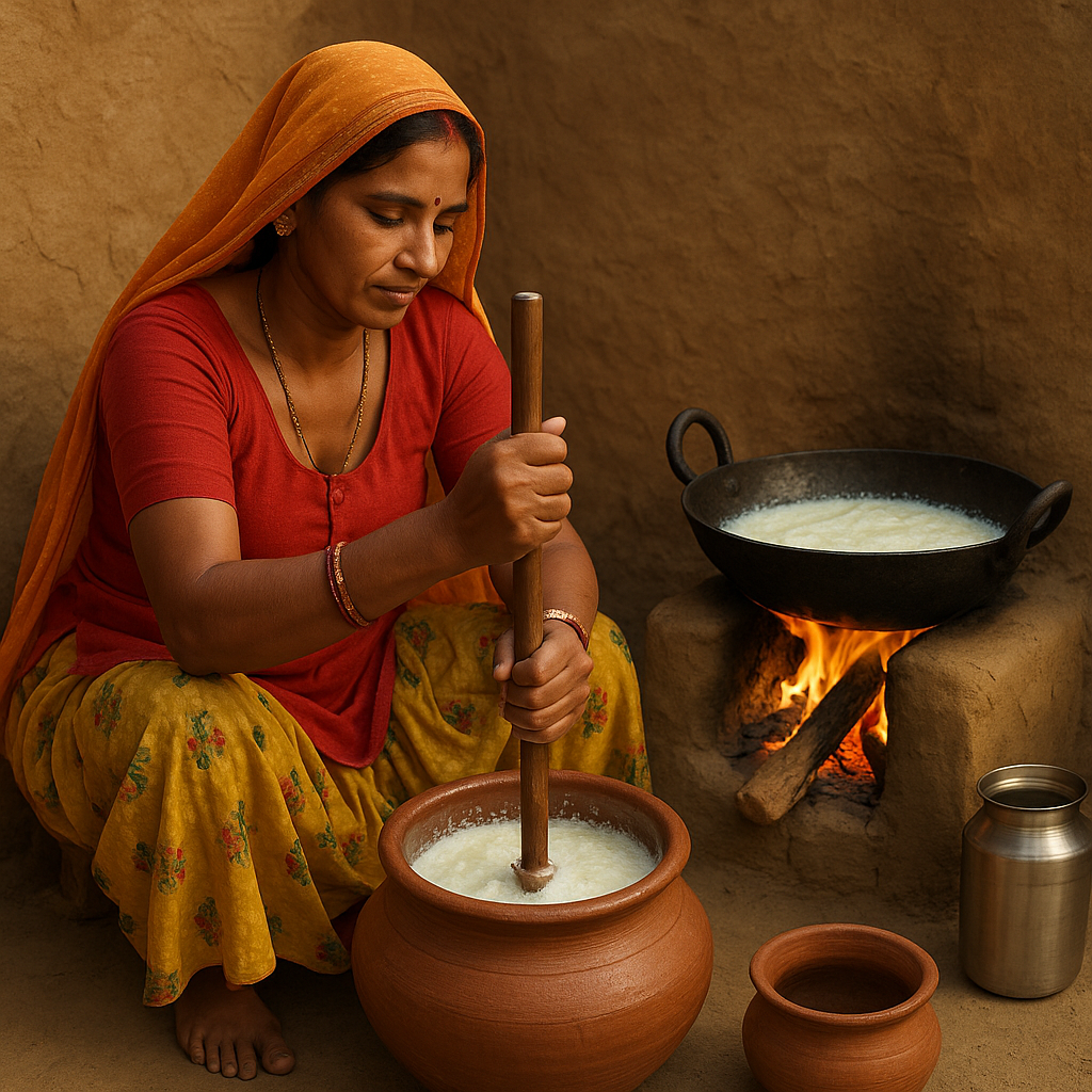 Wooden bilona churning process
