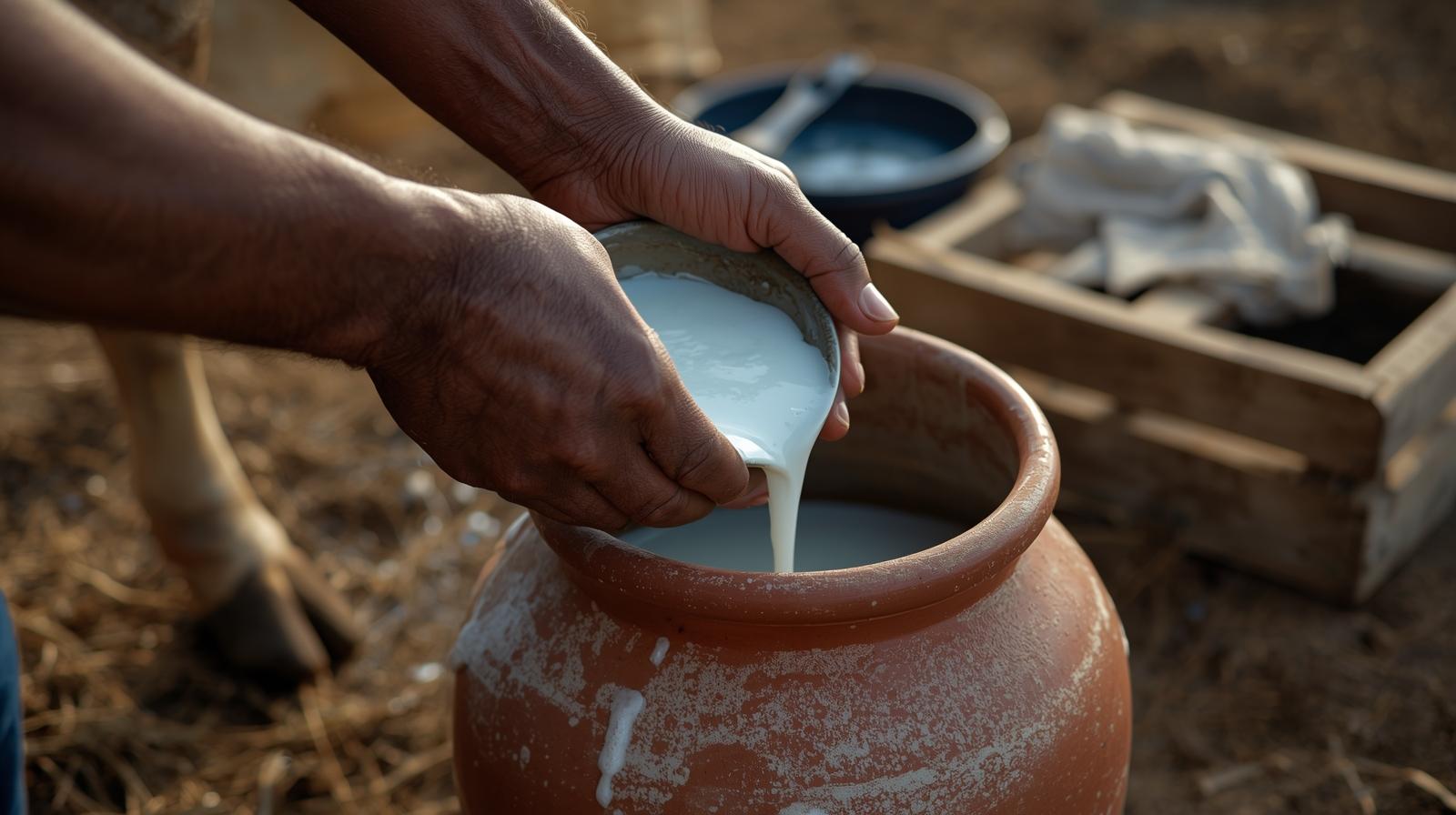 Fresh A2 desi cow milk collection in village